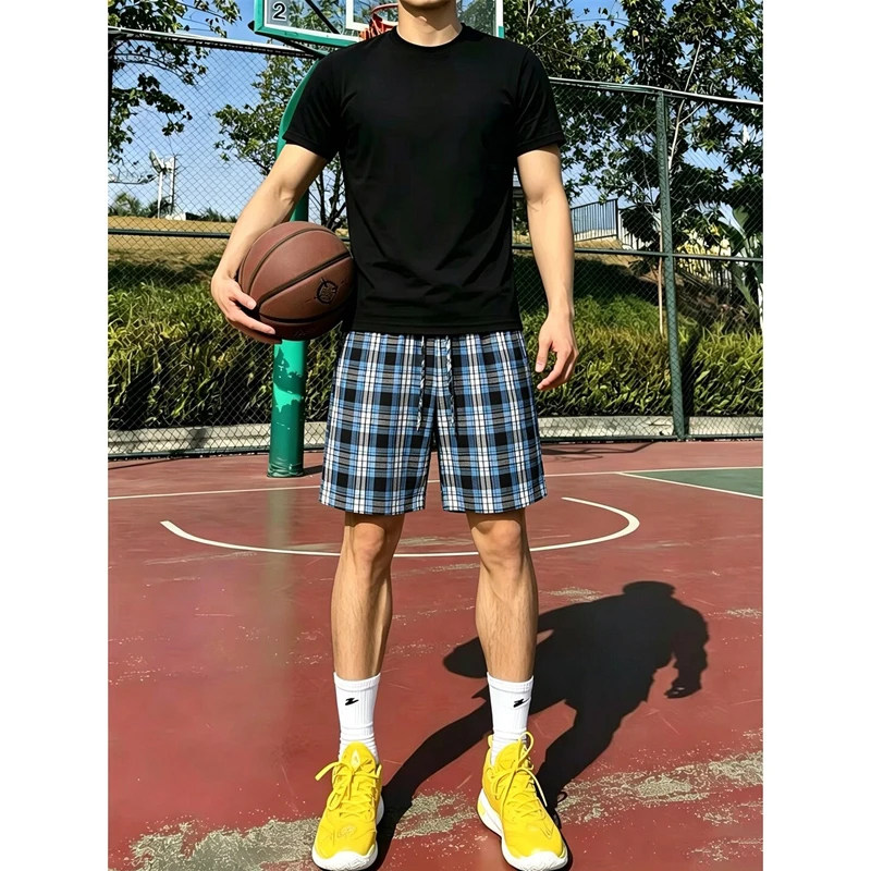 天蓝色速干格子短裤男款夏季户外篮球运动裤子冰丝凉感格纹五分裤