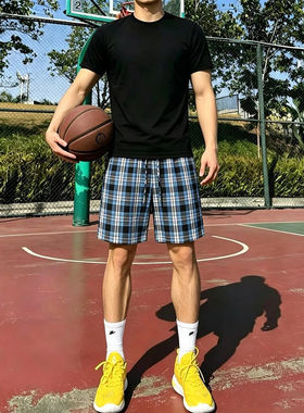 天蓝色速干格子短裤男款夏季户外篮球运动裤子冰丝凉感格纹五分裤