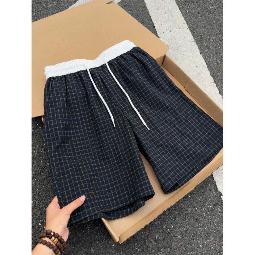 美式复古假两件格子短裤男夏季宽松慵懒风阔腿裤子休闲直筒五分裤
