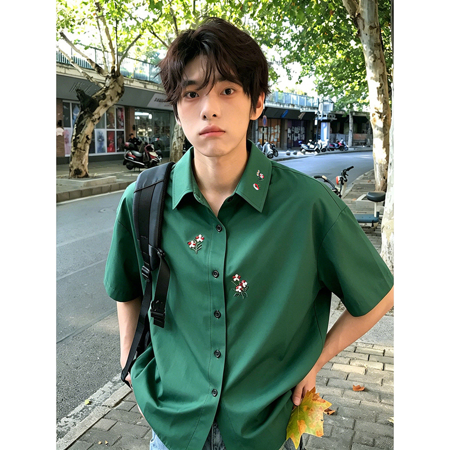 墨绿色美式花卉刺绣衬衫短袖男生夏季穿搭高级感衬衣冰丝垂感外套