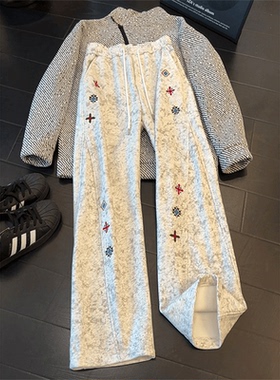 白灰色刺绣弯刀卫裤男款秋冬美式复古扎染vibe裤子宽松直筒休闲裤