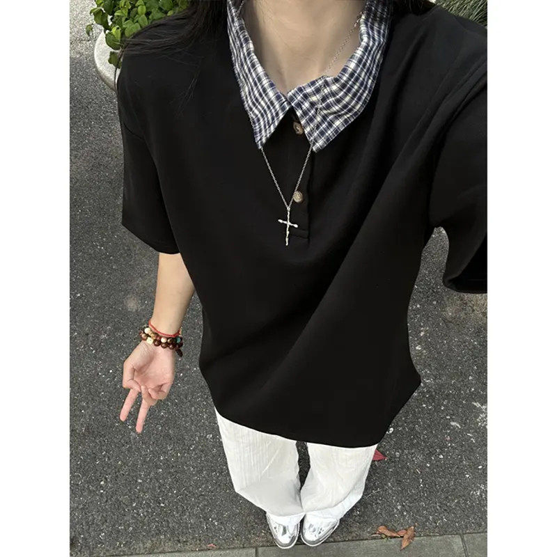 美式格子领短袖polo衫男夏季高级感正肩t恤ootd干净通勤穿搭半袖