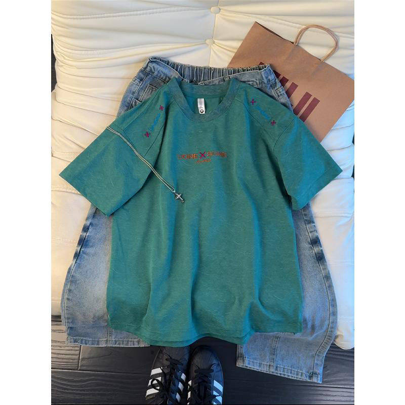 cleanfit墨绿色刺绣小领口t恤男款夏季美式扎染短袖正肩重磅上衣