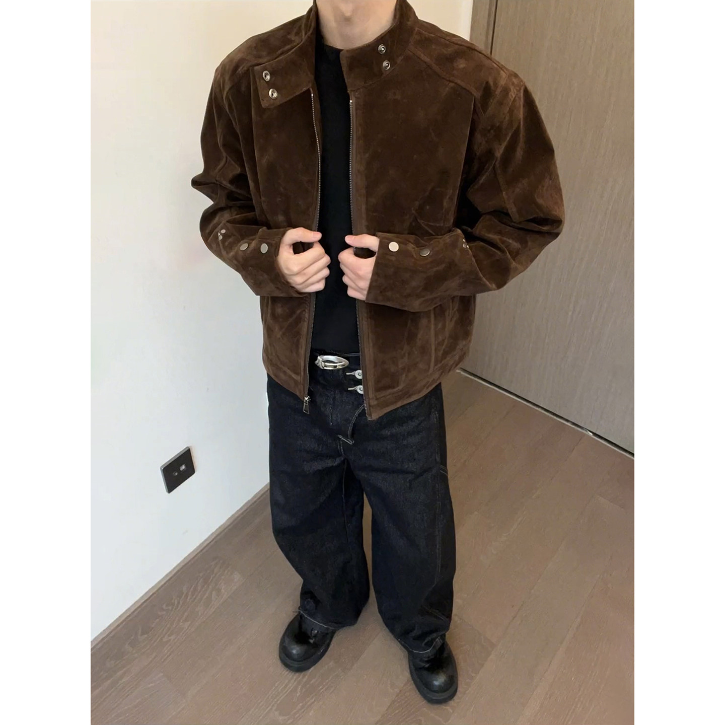 棕色美式翻毛绒外套男秋季美拉德穿搭短款立领哈灵顿cleanfit夹克