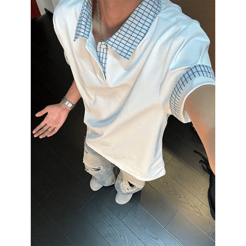 美式复古格纹polo衫短袖男夏季潮牌假两件正肩t恤青少年翻领半袖