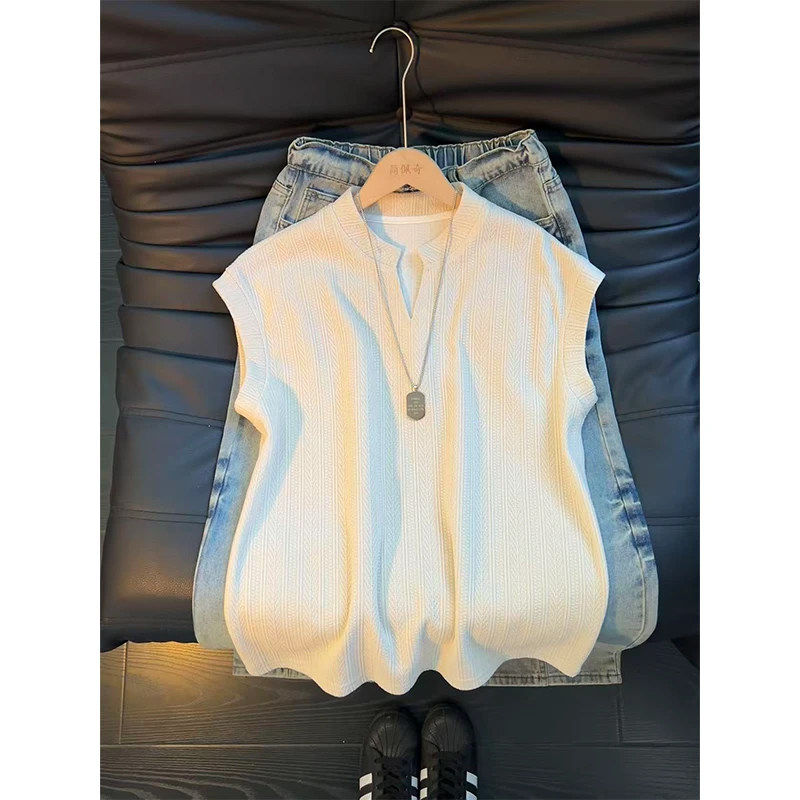 cleanfit米白色麦穗纹V领背心男夏季重磅无袖t恤美式健身运动坎肩