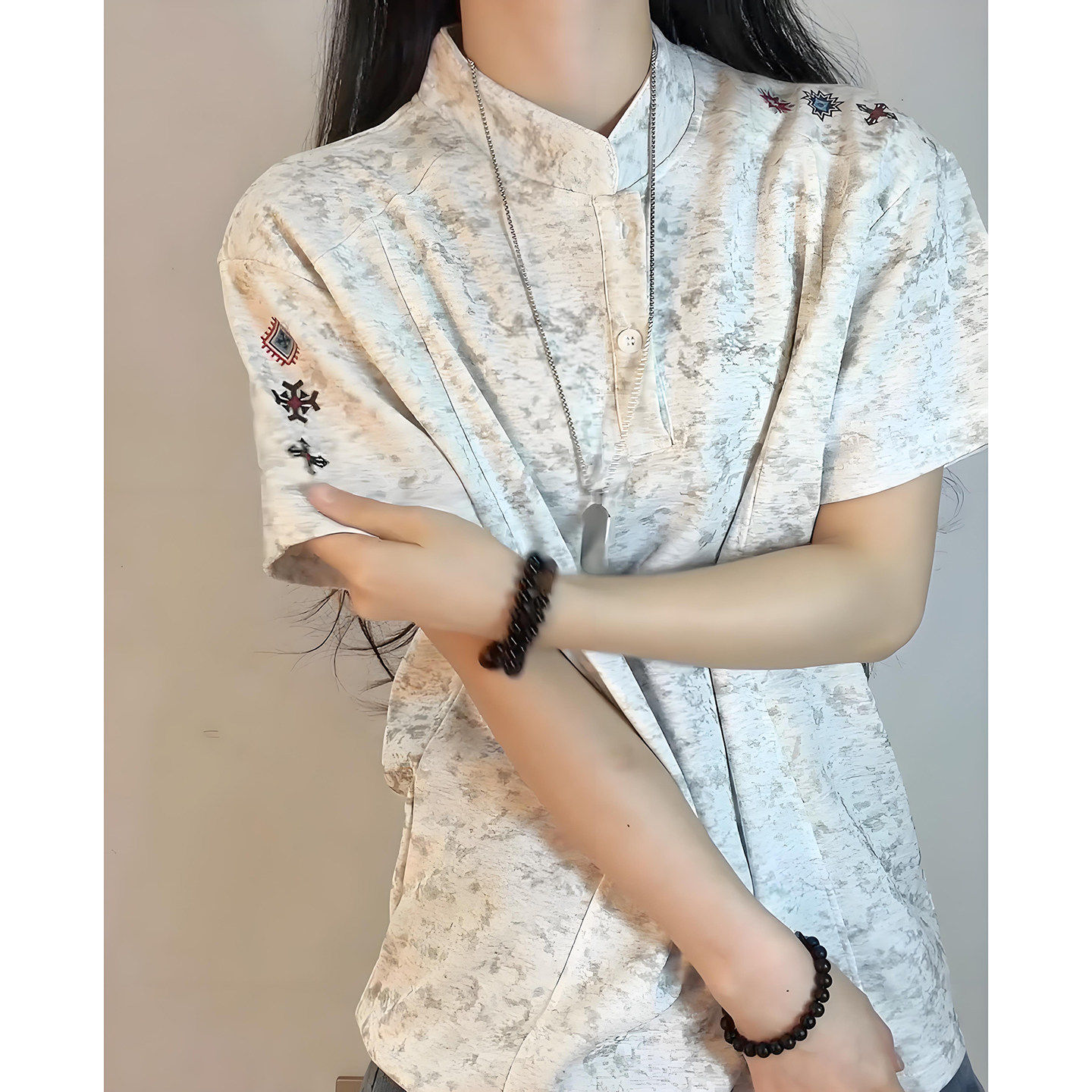 美式复古扎染刺绣t恤男夏季薄款立领高街痞帅短袖亨利领正肩半袖