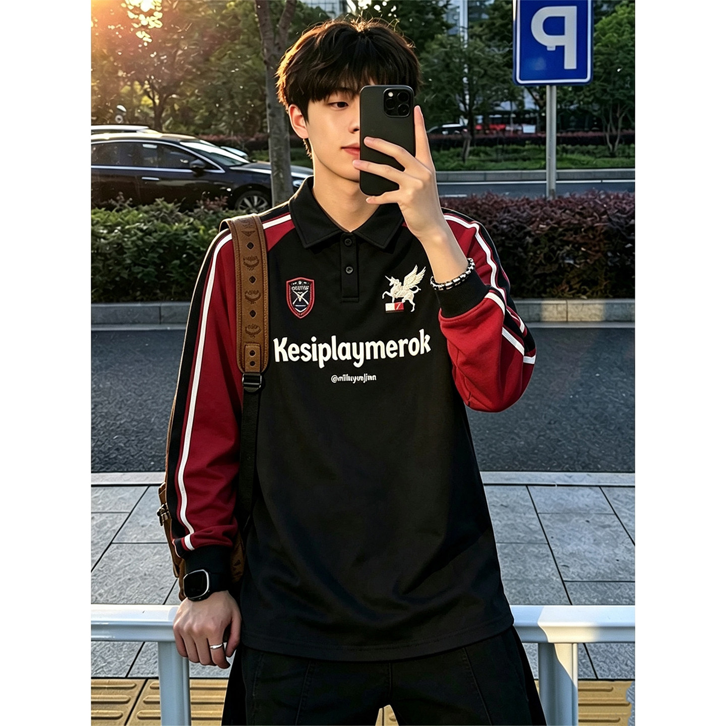 美式复古撞色条纹Polo卫衣男款秋季学院风插肩袖长袖t恤运动上衣