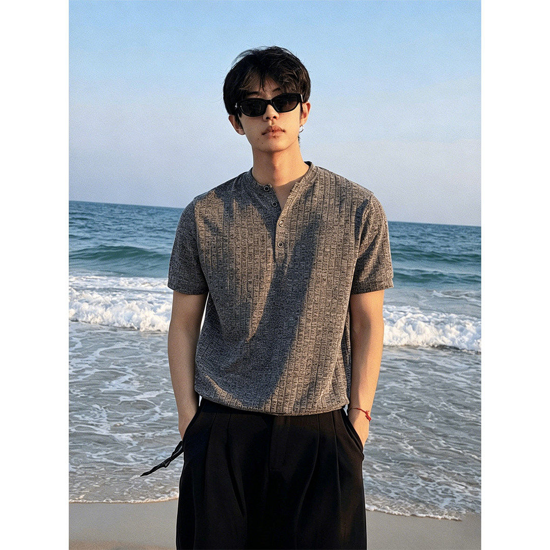 老钱风灰色修身针织短袖男夏季美式亨利领肌理感t恤高级感POLO衫