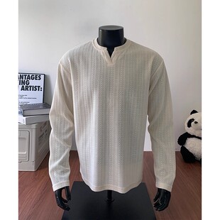 2025秋季小V领套头卫衣cleanfit长袖T恤男女款打底衫秋装外套休闲