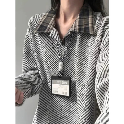 小香风粗织条纹polo衫男女秋季格子拼接正肩翻领长袖t恤情侣卫衣