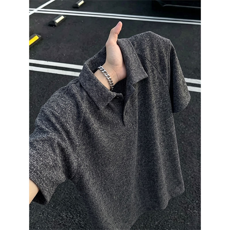 深灰色老钱风针织polo衫短袖男款夏季高级感翻领t恤cleanfit半袖