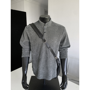 美式复古雪尼尔polo领卫衣男女秋冬正肩条纹打底衫老钱风遮肉长袖