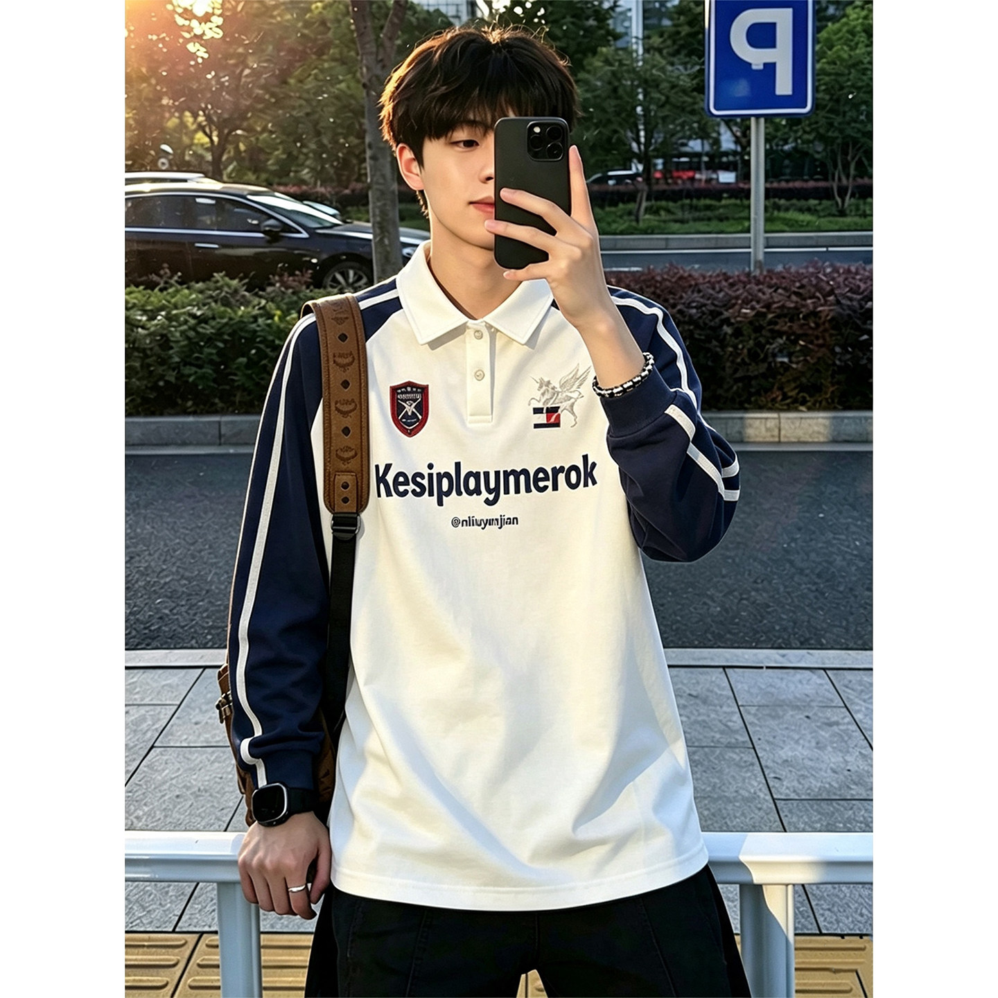 美式撞色条纹Polo领卫衣男秋季