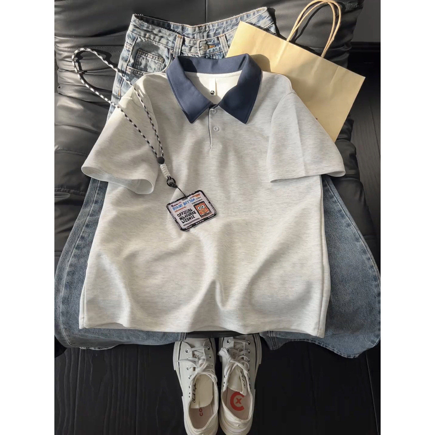 美式复古撞色Polo衫短袖男款夏季高级感痞帅翻领t恤内搭重磅半袖