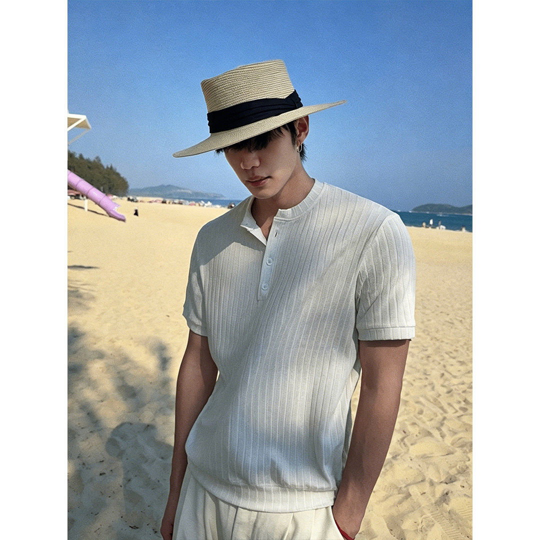 老钱风白色亨利领冰丝短袖男夏季美式复古松弛感正肩收腰T恤半袖