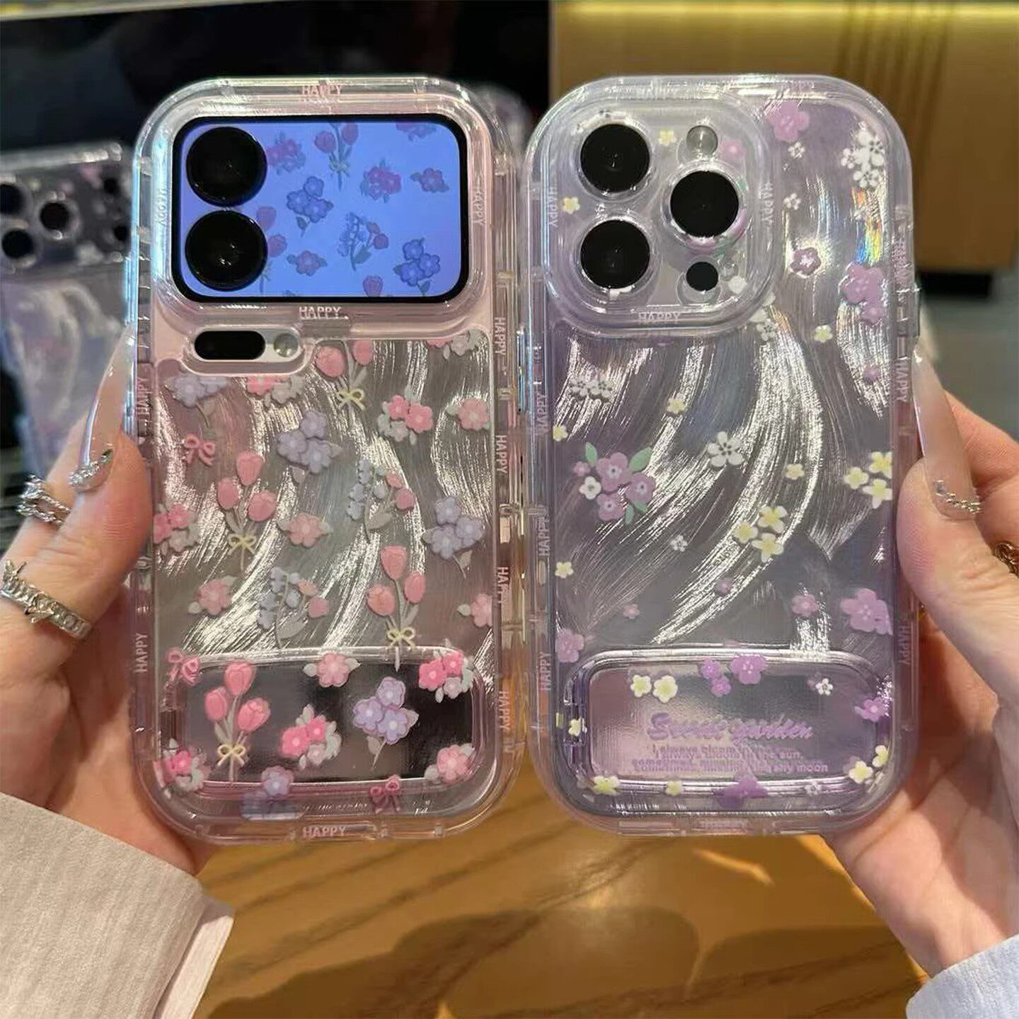 温柔系碎花支架适用苹果17手机壳iPhone16/15/14新款华为mate80透明vivos50荣耀500简约OPPOreno15红米turbo5