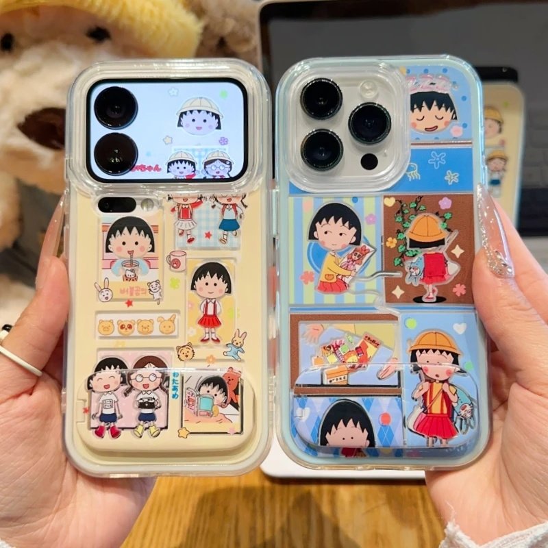 插画小丸子支架适用苹果17手机壳iPhone16promax新款vivox300华为nova15/14/13情侣OPPO小米17三合一k90防摔