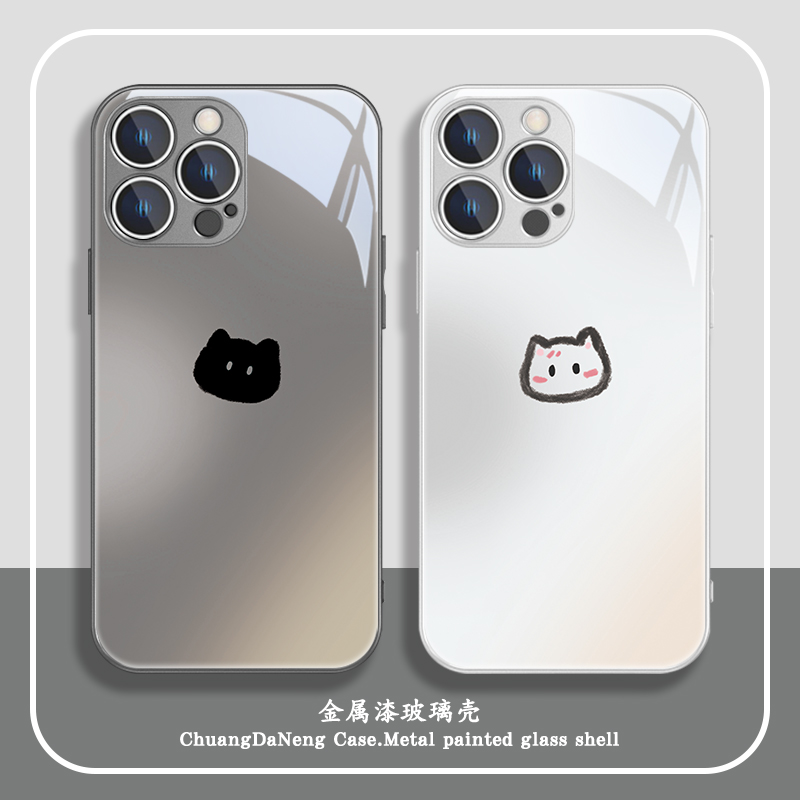 情侣线条猫咪适用苹果15Promax手机壳iPhone14/13新款12mini钢化玻璃11promax网红Xsmax卡通7/8plusse3/2潮6p