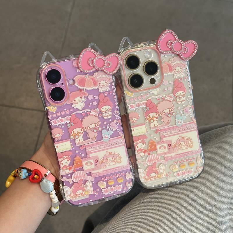 涂鸦美乐蒂蝴蝶结适用苹果17手机壳iPhone16/15/14/13prmax可爱vivos50/y300t透明OPPO华为nova15猫耳朵k90软