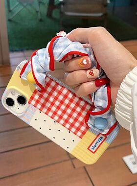 拼接格纹蓝格子布带适用苹果17手机壳iPhone16新款15/14promax小众OPPO华为pura80腕带vivox200全包nova14pro