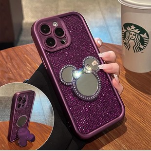 闪钻米奇带补妆镜子适用苹果17手机壳iPhone16promax新款vivos30华为nova14轻奢风OPPO小米17promax畅享70pro
