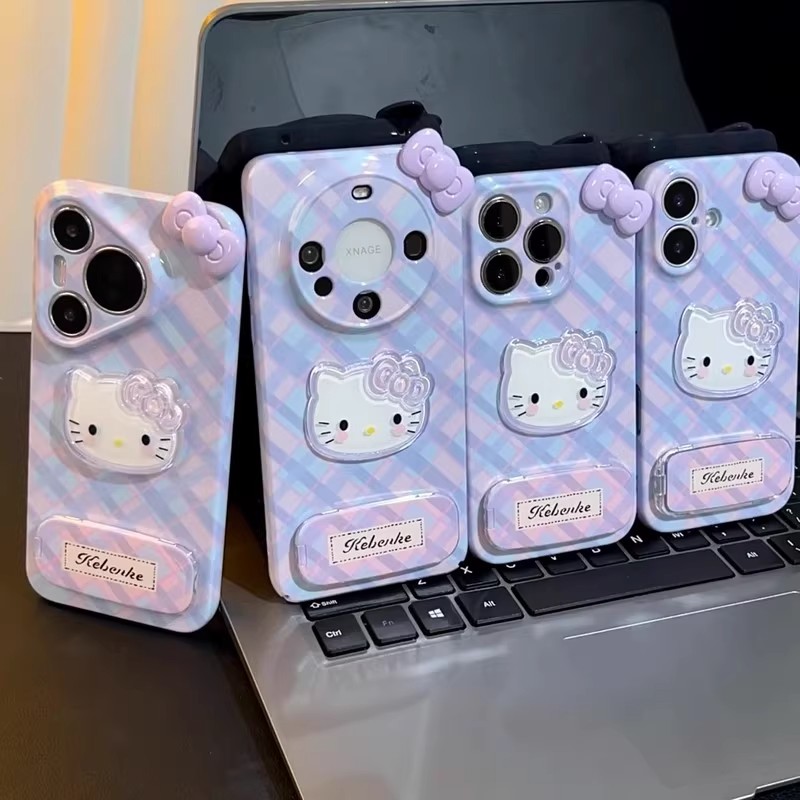 立格纹KT蝴蝶结适用苹果16promax手机壳华为pura80新款mate70可爱vivos30菲林OPPOreno14荣耀x70i女小米15pro