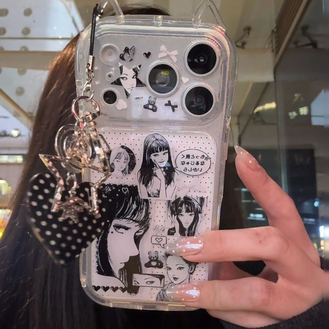 日漫黑白波点川上富江适用苹果17猫耳朵手机壳iPhone16新款vivox200华为pura80透明OPPOreno14女小米17promax