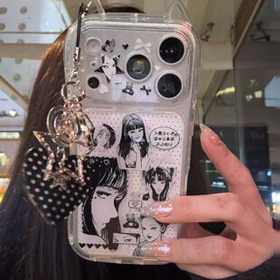 日漫黑白波点川上富江适用苹果17猫耳朵手机壳iPhone16新款vivox200华为pura80透明OPPOreno14女小米17promax