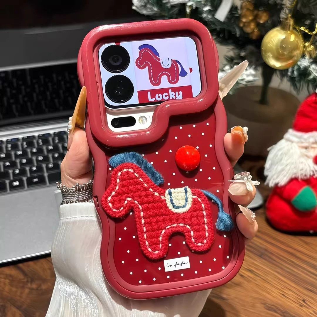 新年波点刺绣小马双支架适用苹果17手机壳华为mate80马年iPhone16/15PROMAX时尚nova14本命年OPPO荣耀500pro