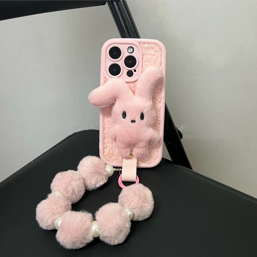 毛绒粉色兔子适用红米手机壳