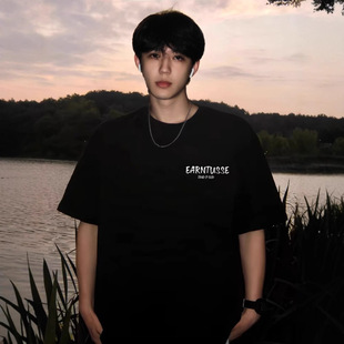 重磅黑色短袖t恤男夏季美式简约风字母纯棉半袖宽松大码潮牌体恤