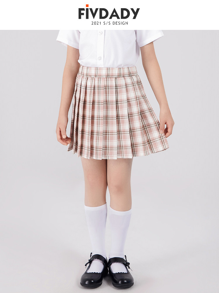 JK plaid skirt in summer girl skirt rubber bands loose pleated skirt foreign style children's pink college style skirt