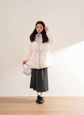 【紫芋丁香】甜美风碎花中长款棉服小个子冬季保暖清新抽绳外套女