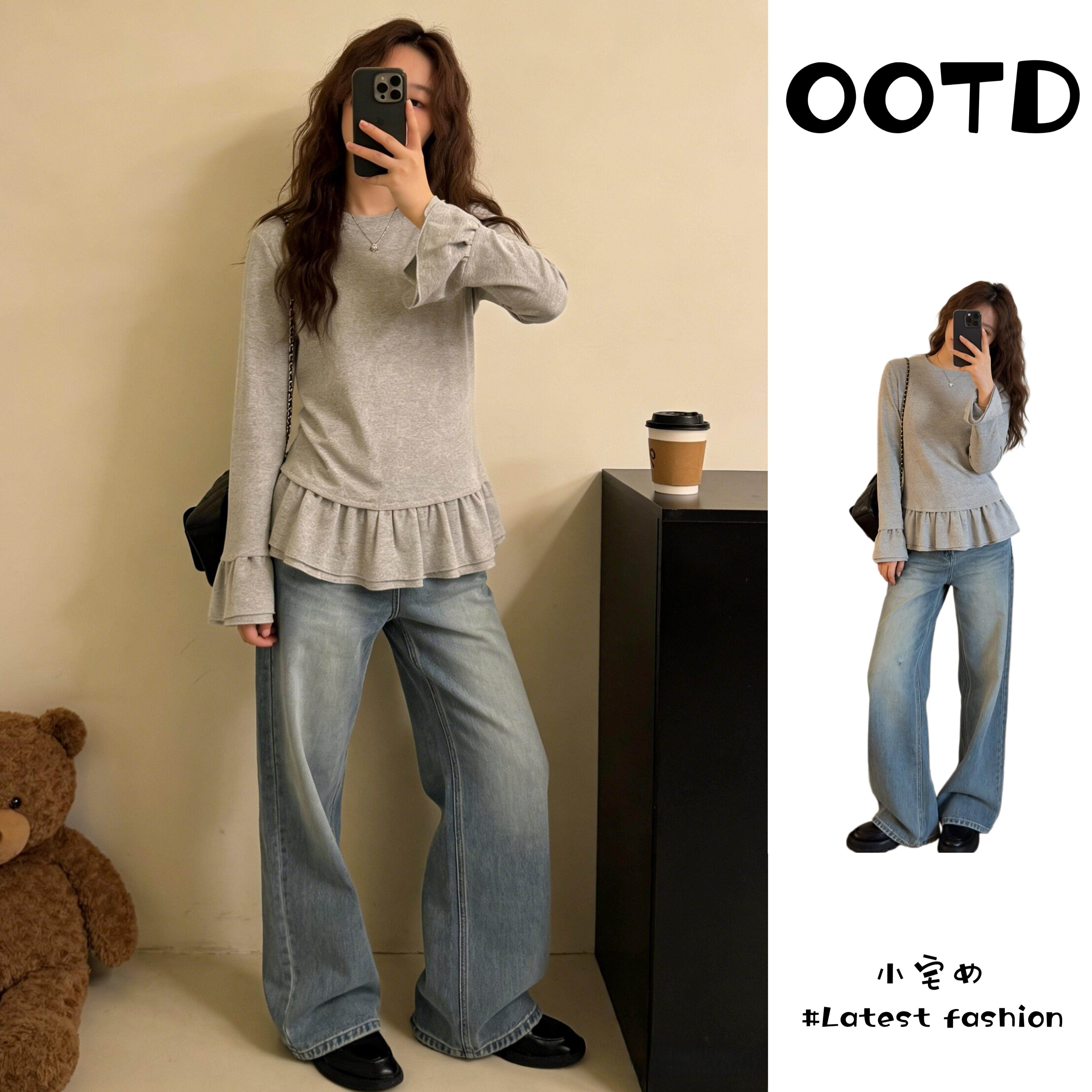 胖MM韩版拼接木耳边灰色打底衫女大码春季巨好看遮肉显瘦减龄上衣