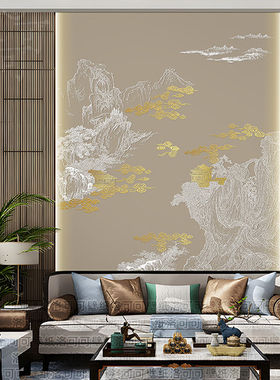 新中式山水烫金楼阁壁画定制