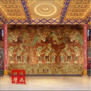 8D大型复古敦煌壁画壁纸吊顶天花板藏式文化唐卡坛城3d立体墙纸