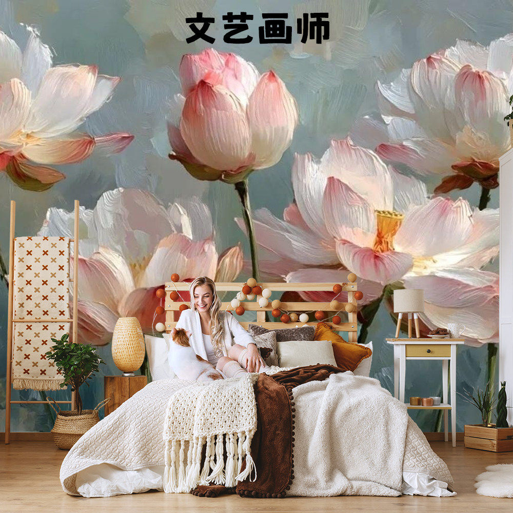 北欧复古油画荷花壁纸高级感酒店客厅卧室床头装饰背景墙纸墙布