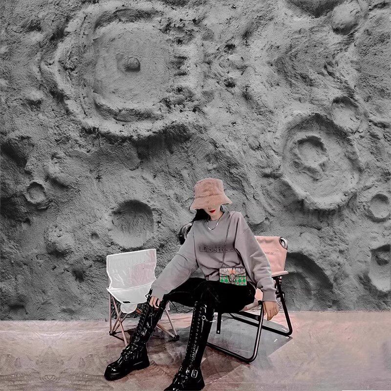 3D立体月球表面浮雕墙纸酒吧工业风水泥肌理网红打卡墙直播间壁纸