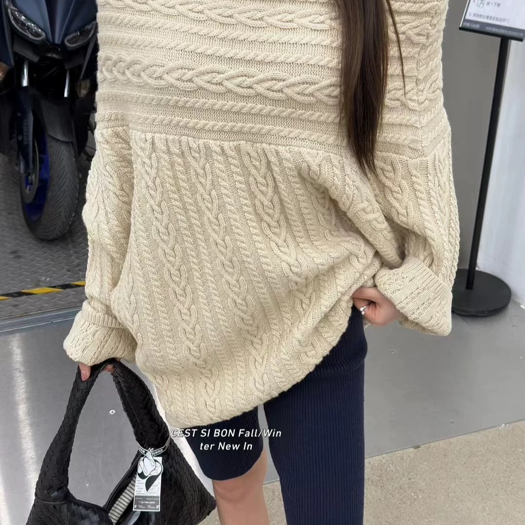 十三行2025秋冬新品慵懒风法式斜肩麻花长袖毛衣女显瘦漏肩上衣潮