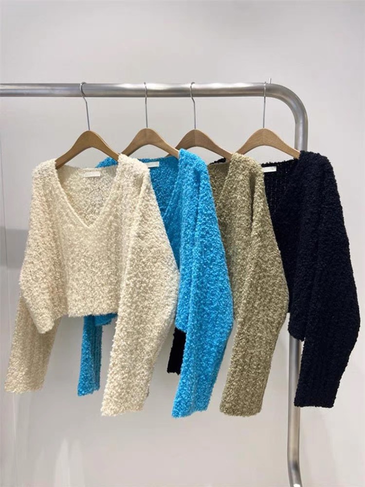 十三行颗粒感针织衫v领短款毛衣