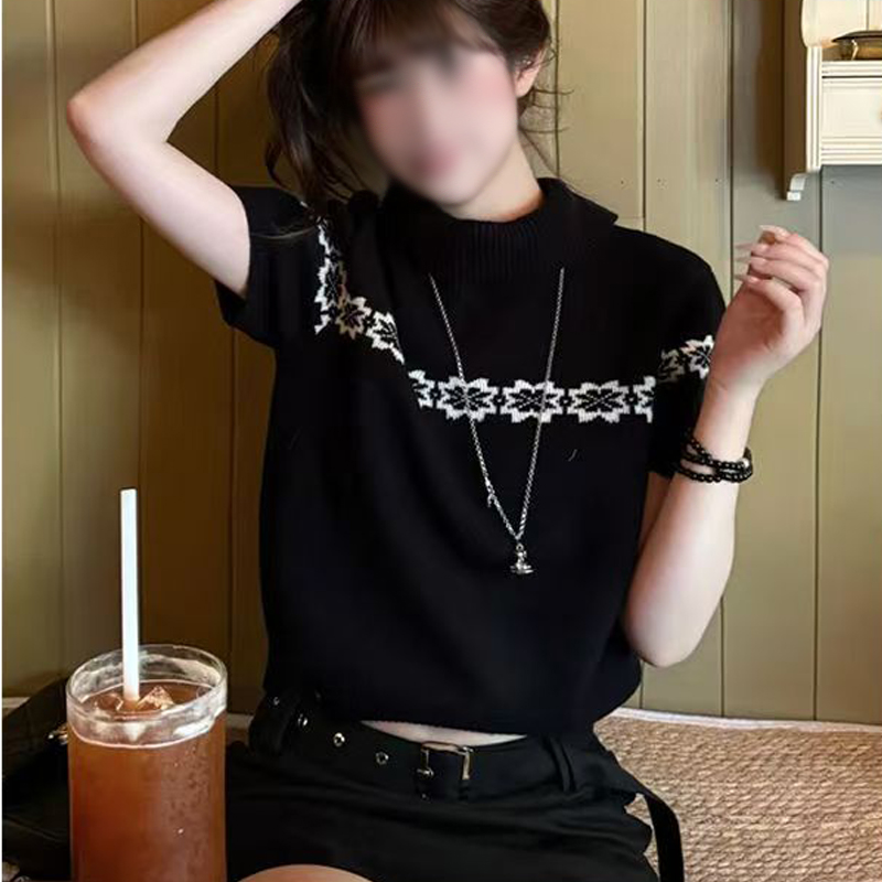 费尔岛提花短袖针织衫女