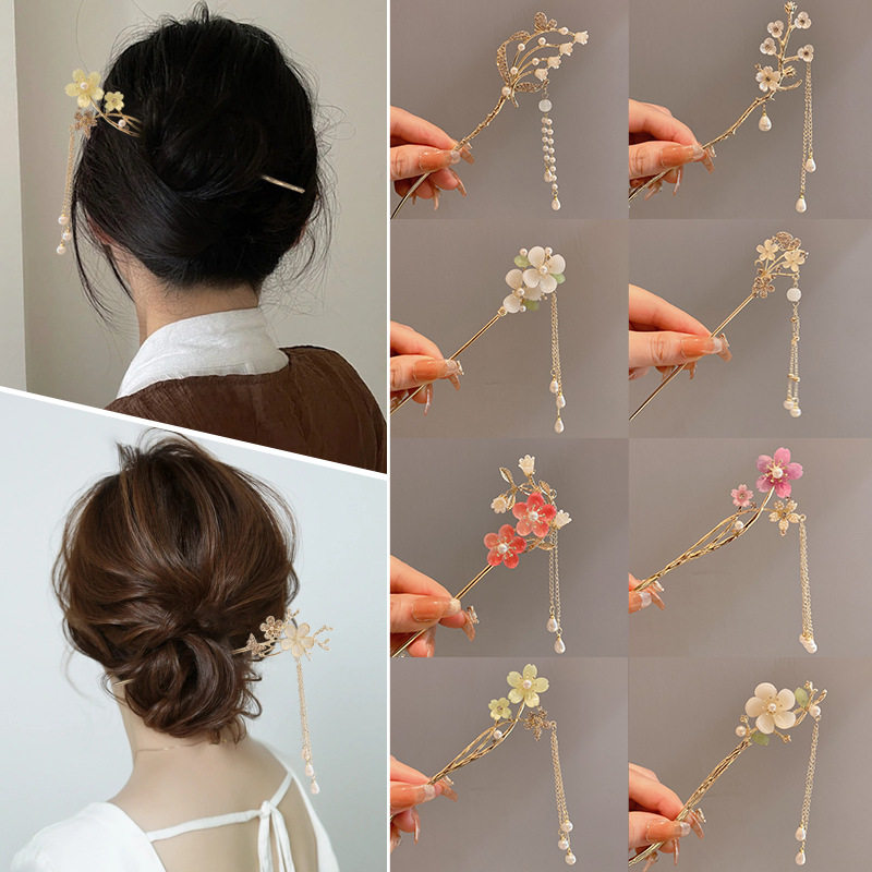 古风铃兰花流苏发簪女高级感盘发器步摇金簪子旗袍汉服后脑勺发钗