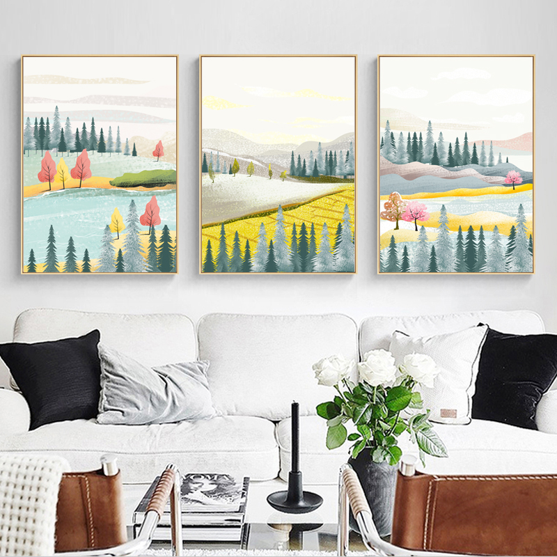 自粘式现代简约抽象四季北欧小清新树林小鹿客厅餐厅 装饰画芯