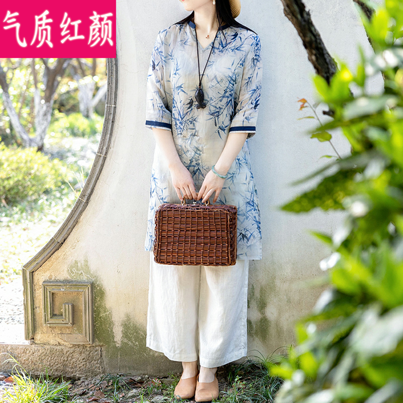 中国风夏装中长款苎麻T恤女棉麻禅意茶服复古中式唐装V领上衣套装