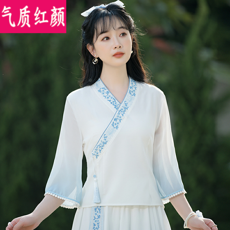 民国汉服改良年轻交领旗袍上衣复古唐装女中国风茶艺师采耳工作服