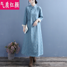 秋冬汉服女中国风棉麻禅意茶服禅服改良版旗袍长裙加绒加厚连衣裙