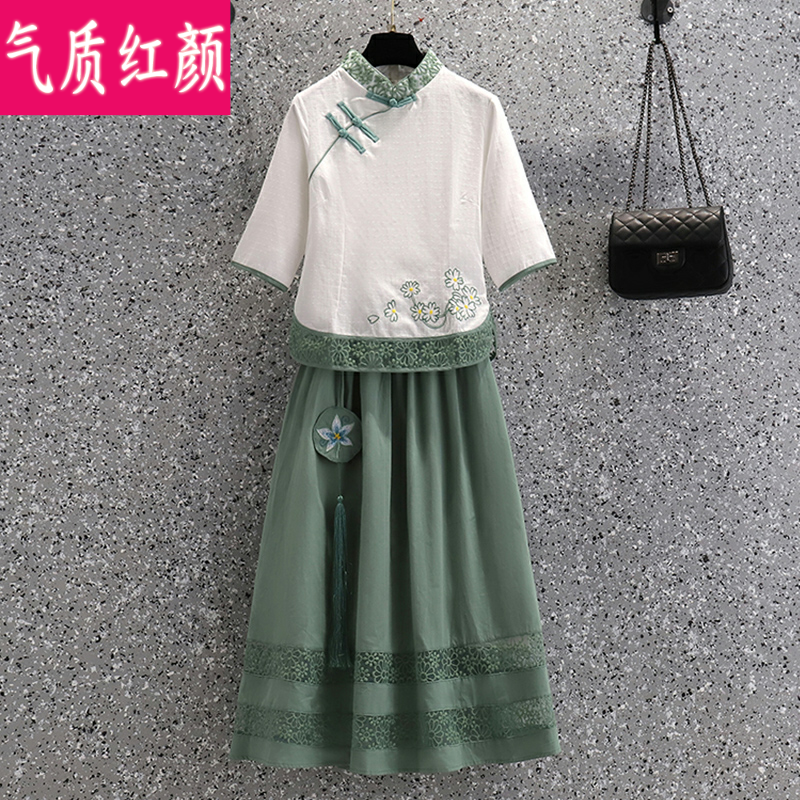 大码汉服女夏装民国中式唐装改良旗袍上衣复古禅意棉麻茶服两件套