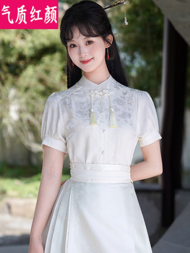 新中式宋制汉服女中国风短袖衬衫女夏季日常通勤搭配马面裙的上衣