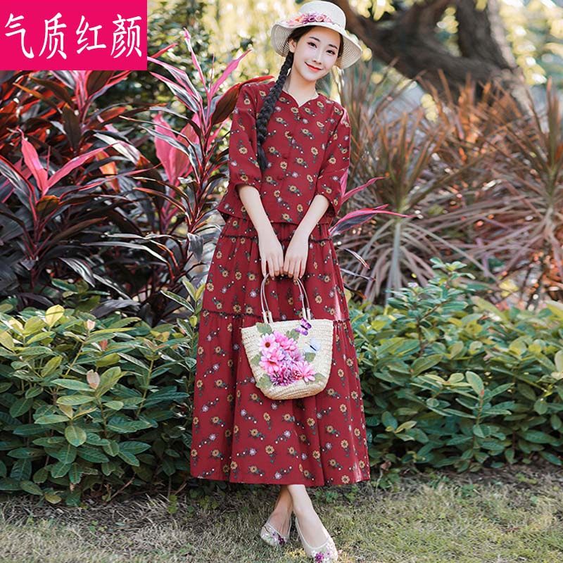 春夏民族风女装中式服装复古棉麻中袖上衣半身裙两件套洋气套装裙